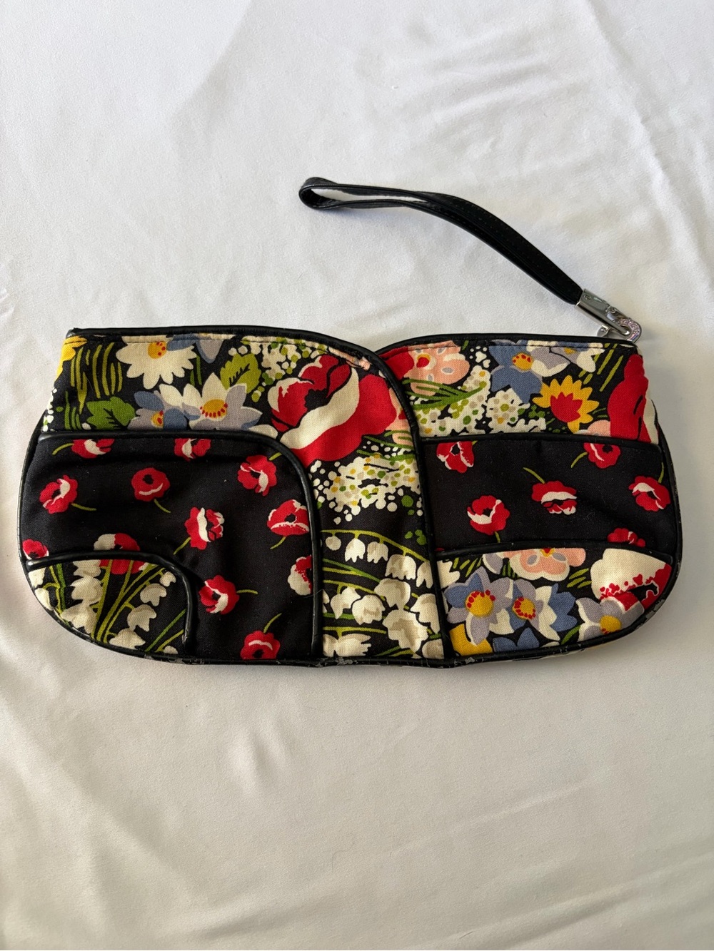 Vera Bradley Black Floral Patchwork Wristlet with Red Accents